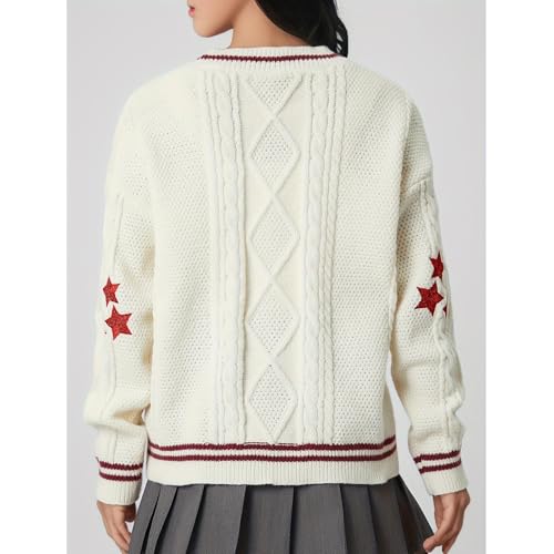 Image of Women's Long Sleeve Cardigan V Neck Stars Button Down Oversized Open Front Sweaters Casual Cable Batwing Knitted Coat