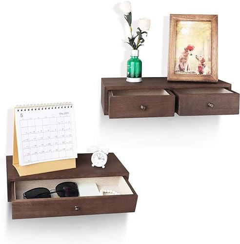 Image of WOOYNEX Floating Shelves With Drawers: Wood Wall Shelves /Cabinets For Storage And Exhibition; Doubles As A Bedside Or Nightstand Set Of 2 In Vintage- Brown (Brown), 15X40X10 Cm