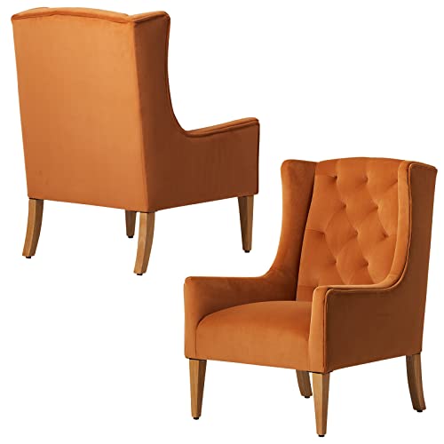 Lovspatio Mid-Century Accent Chair,Button Tufted Velvet Armchair With High-Back Rest,Big Cushioned Seat And Solid Wood Legs For Living Room Bedroom (Orange) #TOP5