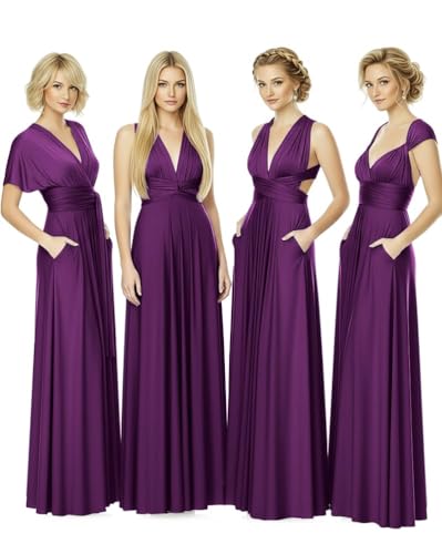 Infinity Bridesmaid Dress with Pockets & Bandeau – Convertible Maxi Wrap Gown, Multiway Formal Dress for Wedding & Plus Size-Grape-One Size