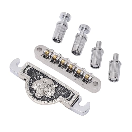Lion Pattern Metal Guitar Roller Saddle Bridge, Electric Guitar Tailpiece with Adjustable Brass Saddles for LP (Silver)