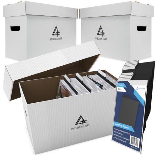 Invested Alliance Bundle Set Premium Short Comic Book Storage Box Organizer with Lid | Thick Cardboard Comic Storage Box For Collectibles Fits 150-175 Current/Silver Age, Heavy Duty & Stackable.