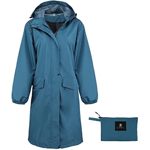 Women's Long Rain Jacket Waterproof Lightweight Hooded Raincoat, Deep-blue, Medium Cover