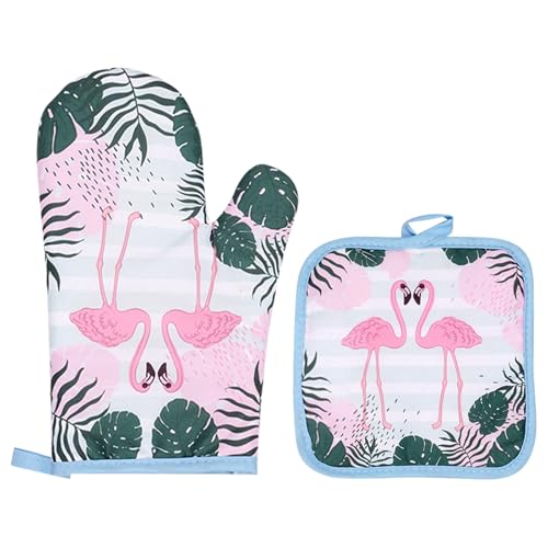 Ofenhandschuhe Topflappen Set Backofen Handschuhe Set Hitzebeständig Backhandschuhe Topflappen Handschuh Anti-Rutsch Topfhandschuhe Für Kochen Backen Barbecue (Flamingo)