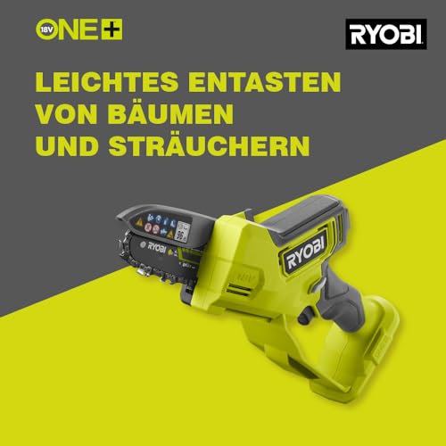 RYOBI 18 V ONE+ Brushless Akku-Einhand-Kettensäge RY18PSX10A-0 (10 cm Schwertlänge, 8 cm Schnittkapazität,...
