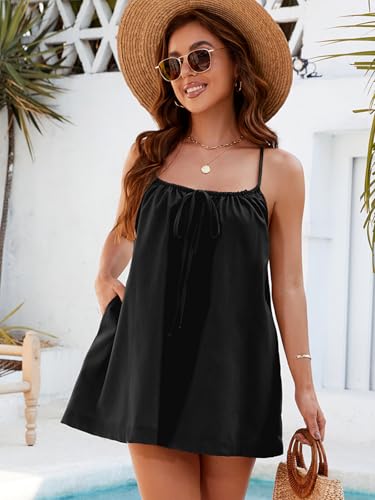 Womens Beach Coverup Swimwear Spaghetti Strap Summer Dress Backless Tie Back Mini Beach Dress with Pockets4