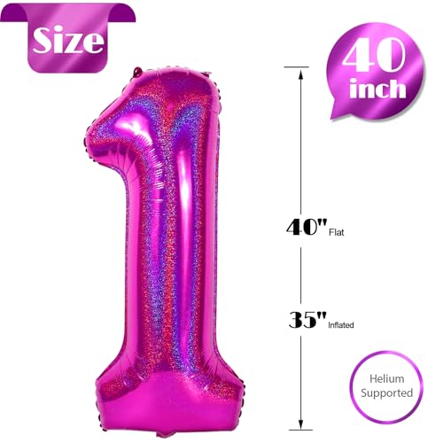 Image of 40 Inch Laser Hot Pink 1 Balloon for First Birthday, 1st Number Balloons Birthday Decorations, One Giant Number 1 Balloon