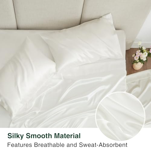 Love's cabin Twin Silky Soft Satin Bed Sheet Set - 3 Piece, Ivory, Luxury Fitted & Flat Sheets, Deep Pockets, Envelope Closure, 1800 Thread Count, Cooling, Breathable, Hypoallergenic