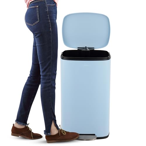 Image of happimess Curtis 8 Gal Step Trash Can Soft Close 25 inch, Tide Pool Blue | Iron Construction, Satin Finish, Removable Liner, Steel Pedal, 20 Trash Bags Included, Kitchen Office Bin