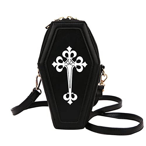 Bolso bandolera retro con forma de ataúd gótico bandolera de cuero PU bandolera pequeña cruz para fiesta temática de Halloween, Black Cover