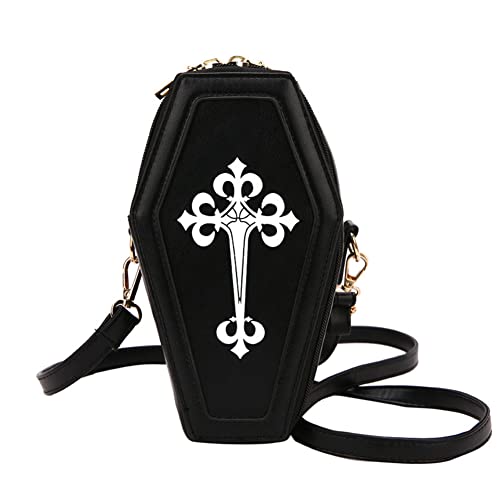 Fiorky Retro Gothic Messenger Pouch Coffin Shape Crossbody Bags Halloween Handbag Novelty Bag Purse with Adjustable Strap PU Leather Shoulder Bags for Women Girls Theme Party