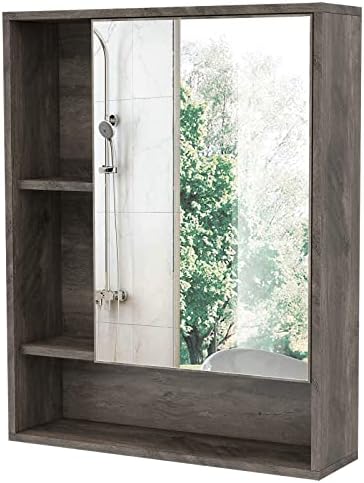 ChooChoo Bathroom Wall Mirror Cabinet, Medicine Cabinet with Single Door and Adjustable Shelf, Over The Toilet Space Saver Storage Cabinet, Grey