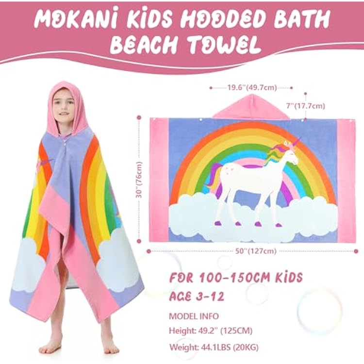 MOKANI Kids Cotton Hooded Towels | Super Soft & Thick & Super Absorbent | 50 x 30 Beach Bath Swimming Towels for Girls Boys Ages 3-12