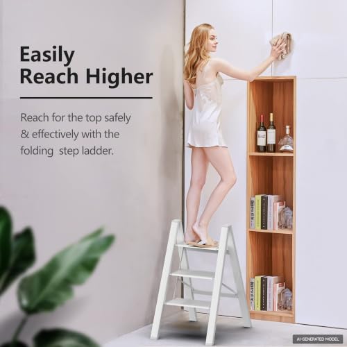 Image of SOLADDER 3 Step Ladder, Folding Step Stool, Lightweight Stepladder, White