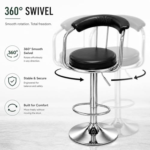 Image of Kemon Modern Adjustable Swivel Bar Stool Chair with Backrest, PU Leather Hydraulic Counter Stool with Footrest for Kitchen Island, Cafe & Home Bar (1, Black, Round Barrel Stool)