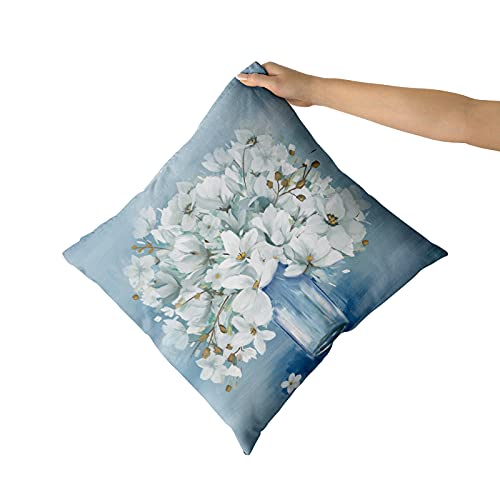 Dzglobal Watercolor Gardenia Throw Pillow Cover Set Of 2 White Flower In Blue Bottle Square Pillow Case Floral Pattern Cushion Covers 18 X 18 Inch For Home Car Wedding Decorative #TOP2