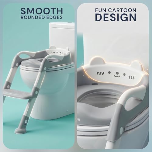 Image of Baybee Aura Pro Baby Ladder Potty Training Seat for Kids | Foldable Baby Western Toilet Seat with Adjustable Height, Grip Handle & Backrest | Potty Training Seat Chair for Kids 1 to 8 Years (Grey)