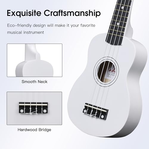 Image of ADM Ukulele for Beginners Hawaiian Wood Ukelele Kit for Kids Adult Student Starter Professional Ukalelee Pack Bundle with Free Lessons Gig Bag Strap Nylon String Tuner (White, 21 Inch)