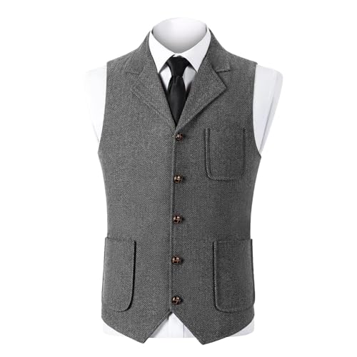 Mens Vintage Tweed Suit Vest Herringbone Workwear Western Classic Waistcoat Work Lapel Suit Vest with Pockets - Main Image