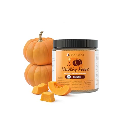 kin+kind Healthy Poops - Organic Pumpkin Powder for Dogs and Cats - Digestive and Probiotic Support w/Prebiotics & Fiber Powder - Cat & Dog Vitamins and Supplements for Sensitive Stomach - 4 oz
