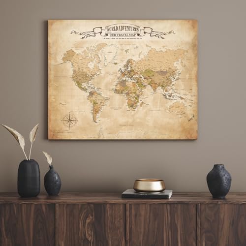 Image of DECORARTS - World Travel Map with Pins, Pin Board Canvas Wall Art, Antique Vintage Old World Maps for Wall, Giclee Print on Canvas, Handcrafted in USA, 20x16''