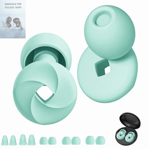 A17 Tappi Orecchie per Dormire Antirumore | Classici + 4x Memory Foam | Moto, Studio, Viaggio,Nuoto,Concerto | E-BOOK manuale pulizia | TAGLIA XS/S/M/L | Riduzione Rumore 35db (Verde, Taglia unica)