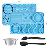 CREMEPAWS Lick Mat for Dogs & Cats - Perfect for Anxiety Relief, Silicone Dog Lick Mat with Suction, Slow Feeding Food Stimulating Puzzle Activity, Blue Pet Lick Mat with Water Bowl and Brush (3 in 1)