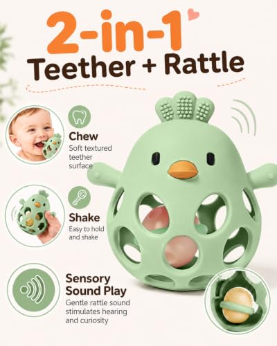 Image of Tinabless 2-in-1 Baby Teether Rattle Toy, Easy Grip Silicone Teething Toy for Babies 3-12 Months, BPA-Free Sensory Chew Toy for Sore Gums, Infant Shower Gift (Green w /Rattle)