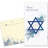 Tree-Free Greetings - Bar Mitzvah Money Holder Card - Artful Designs - 1 Money Holder Greeting Card + Matching Envelope - Made in USA - 100% Recycled Paper - 3.7 x 7 - Blue Floral Star (ZO70346)