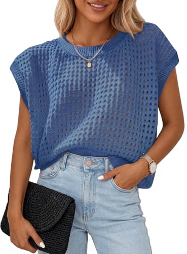 Chicrise Oberteil Damen Kurze Ärmel Mesh Loose Pullover Sommer Strick Netzshirt Häkel Blau 2X-Groß 50-54 2XL