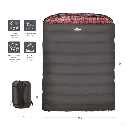 Teton Mammoth Queen Size Double Sleeping Bag- A Warm Bag The Whole Family can Enjoy – Great for Camping, Hunting and Base Camp. Compression Sack Included