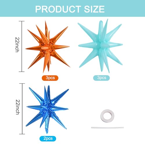 Image of TONIFUL 8 Pcs Blue Orange Explosion Star Foil Balloon Party Decoration | 22 Inch Large Mylar Star Balloons for Under the Sea Baby Shower Dogs Themed Birthday Summer Surf Beach Party Decor