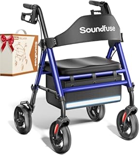 SOUNDFUSE Walkers for Seniors with seat, Foldable Rollator Walker with Double Support Bar, 16" Extra Wide Ergonomic Arc Seat, 8" All Terrain Wheels, 350lb, Dual Height Adjustable, and Storage Bag