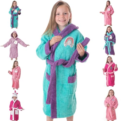 DHESTIA HOME - Albornoz Niñas Infantil y Adolescentes 100% Algodón Capucha y Bolsillos Color My Rainbow Talla 6_years