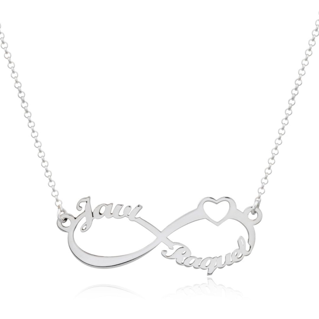Collar Infinito Personalizado en Plata de Ley 925 con Corazón y Nombres personalizable para regalar con cadena Rolo de 40 cm + Alargador.