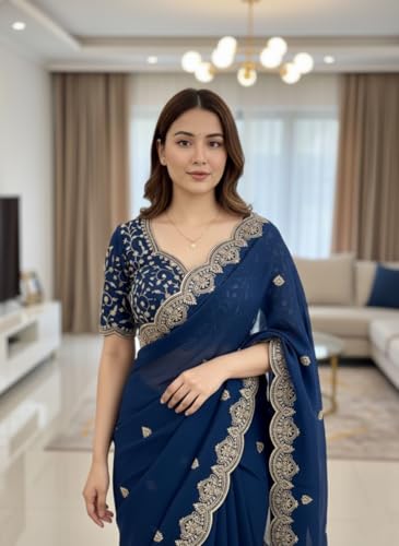 Image of Yashika Women Vichitra Silk Saree with Embroidered Border| Sarees Bollywood Sari | New Sarees | Saree Blouse| Designer Saree (AZ-YS-OG-LADYQUEEN-Parent)