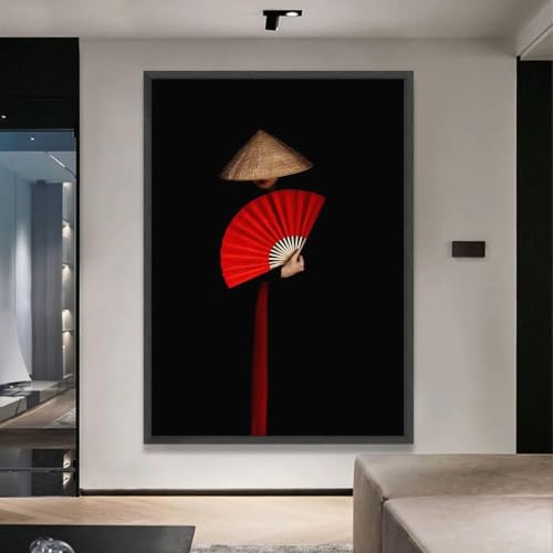 Tableau femme à l'éventail rouge 70x100 cm pour salon moderne
