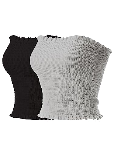 MixMatchy Women's Casual Basic Smocked Tube Tops Stretch Bustier Bandeau Crop Top 2PACK - Black/H.Grey M