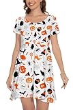 Womens Vintage Halloween Printed Dress Swing A-Line Short Sleeve Party Dress Pumpkin White M