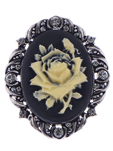 Alilang Vintage Inspired Antique Reproduct Rose Pink Crystal Flower Cameo Pin Brooch, Black
