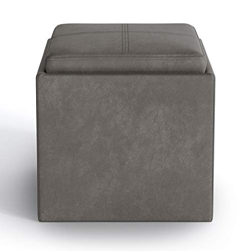 Simplihome Rockwood 17 Inch Wide Square Cube Storage Ottoman With Tray In Upholstered Distressed Slate Grey Faux Leather, Footrest Stool, Coffee Table For The Living Room, Bedroom And Kids Room #TOP3