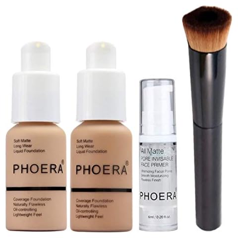 Glamza Full Coverage Makeup Set with 2x Foundation (105 Sand & 104 Buff Beige), Primer Gel & Applicator Brush - Complete Face Cosmetics Kit for Women Cover