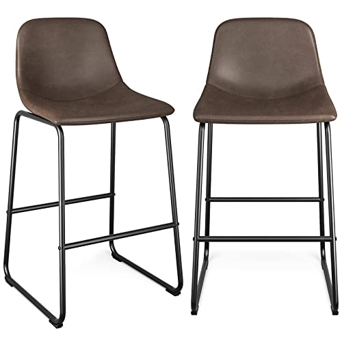 RFIVER Lot de 2 Tabouret de Bar, Chaise de Salle à Manger de Style Vintage Confortable avec Siège en Cuir PU et Base en Métal Robuste pour Cuisine Salon, Brun