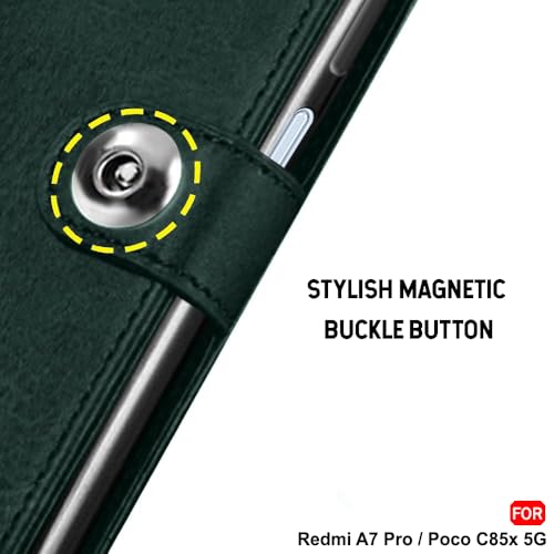 Image of TheGiftKart Genuine Leather Finish Flip Back Cover Case for Mi Redmi A7 Pro /Poco C85x 5G / C81 | Inbuilt Pockets & Stand | Designer Button Magnet Flip Back Cover Case (Faux Leather, Green)