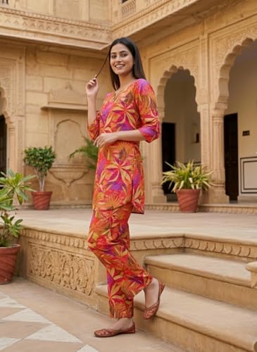 Image of NAINVISH Women's Printed Rayon Blend Co-ord Set | Straight Fit Top & Pant Ensemble | V-Neck Mandarin Collar Styles | Modern Black, Orange, Purple, Green Designs | Perfect for Casual, Festive Events