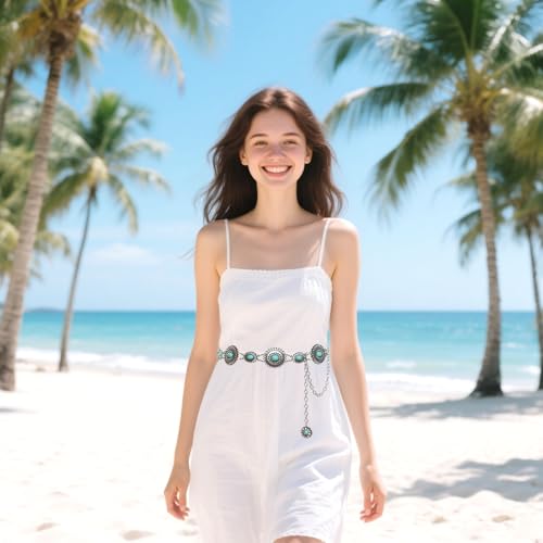 Heliltd 1pc Turquoise Red Stone Metal Chain Waist Belt Western Concho Belt for Women Boho Belts Cowgirl Dress for Jeans Skirt4