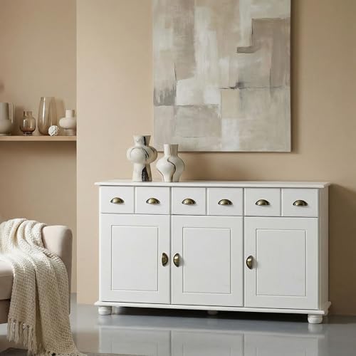 IDIMEX Buffet Salle à Manger Colmar L 134 cm en Bois Massif Blanc 3 tiroirs 3 Portes avec 2 étagères, Meuble Rangement avec poignées coquilles en métal...