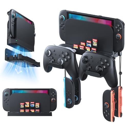 Image of Metal Wall Mount for Nintendo Switch 2 /1 /OLED (Mount Behind TV) | Switch 2 /Switch /OLED Organizer Shelf Stand Holder with 10 Game Card Slots & Hanger Brackets for Joycon*4