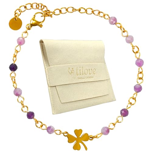 TILOVE – Pulsera de piedra natural de amatista litoterapia para mujer con trébol de suerte de acero inoxidable. Diseñado en Francia. Pulsera Chakra Bienestar. Idea de regalo para mujer, fiesta de la