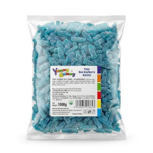 Yummy Gummy 1kg Fizzy Blue Raspberry Bottles Bag, Blue Raspberry Fizzy Jelly Sweets for Pick and Mix Displays